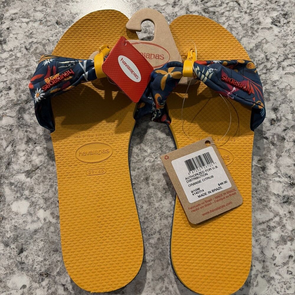 NEW Havaianas Womens 9/10W Floral Fabric Bow Flip Flops Orange Citrus